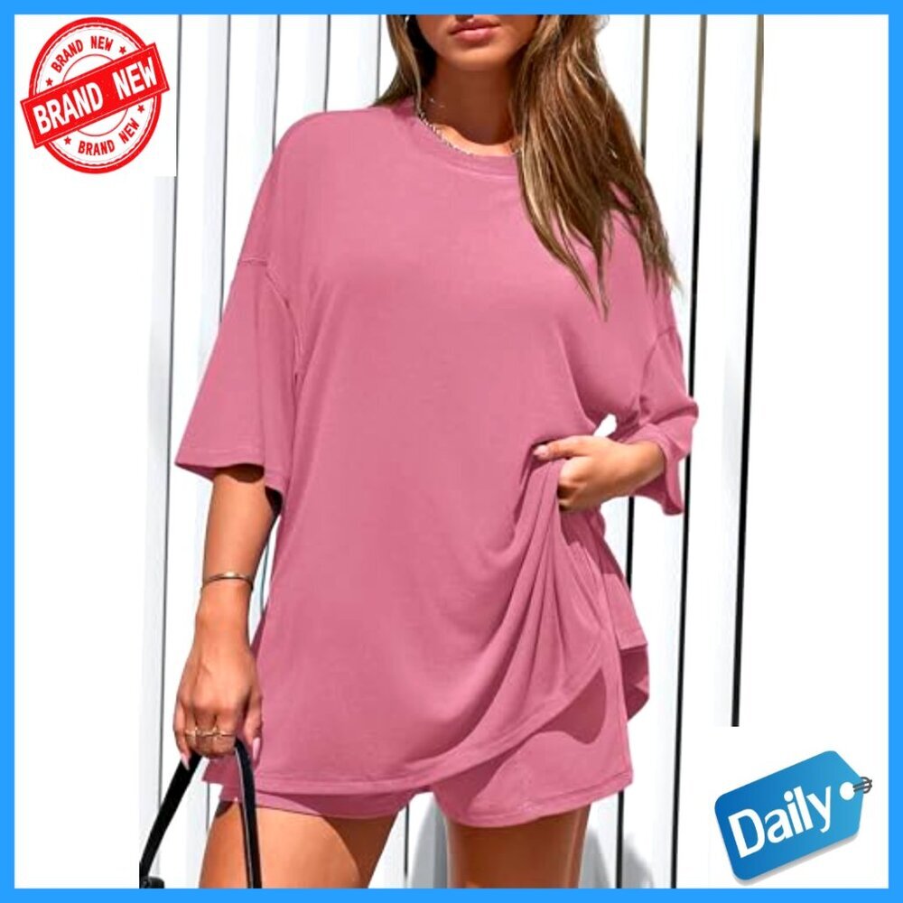 Oversized Short Sleeve Tee & Wide Leg Shorts Lounge Set, 2 Piece Matching - Picture 3 of 7